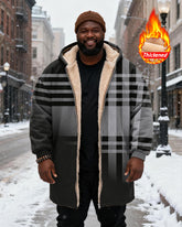 Big & Tall Men's Classic Geometric Black Plaid Printed Velvet Thickened Long Hooded Coat